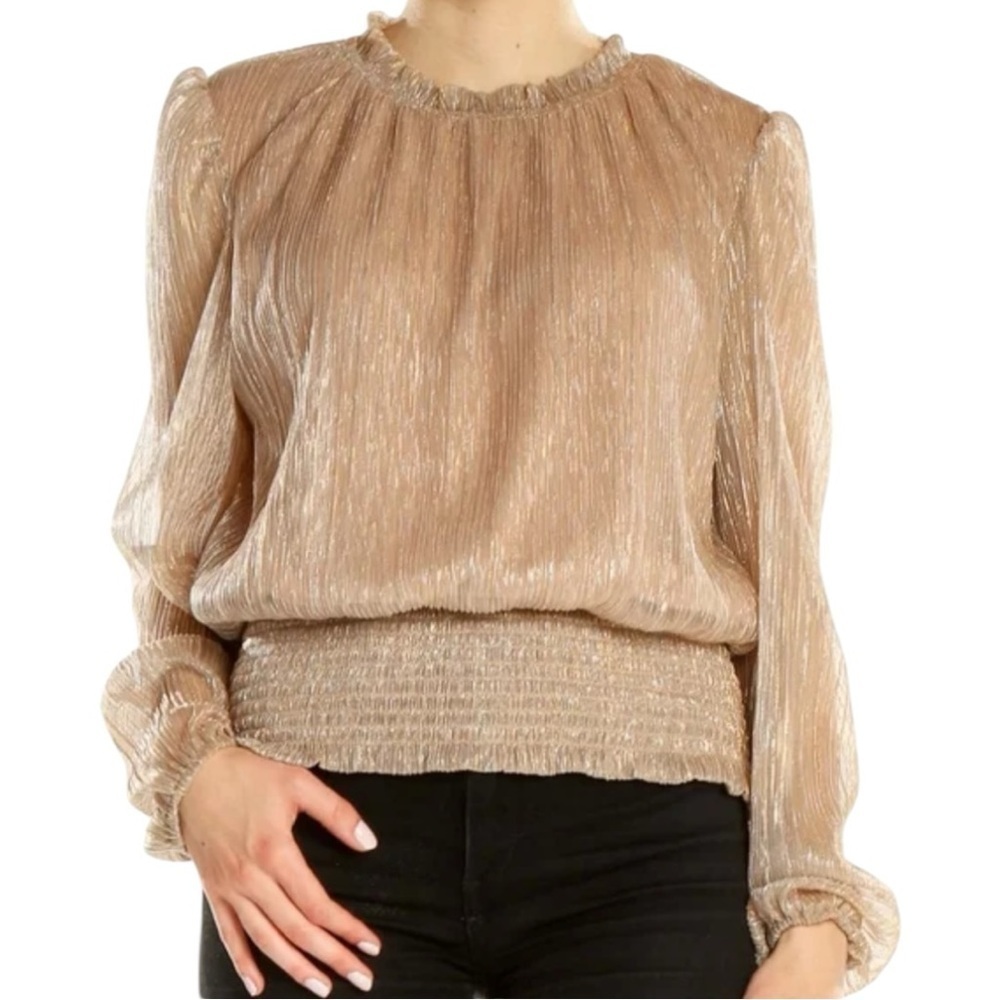 JOIE Champagne Gold Metallic Shimmer Blouse Smocked Waist M